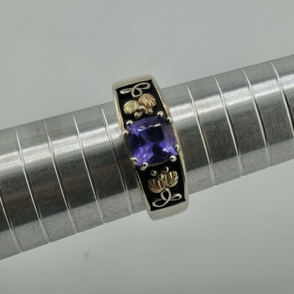 Black Hills Gold Ring Amethyst sterling silver 12k Gold Leaves Size 9.7 Vintage - Picture 1 of 13